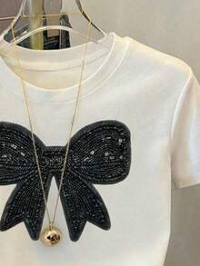 Camiseta corta y ajustada para niñas, con diseño de lazo de imitación de strass negro, versátil para combinar con todo, adecuada para salidas, uso en primavera/verano - Blanco - Ver 5
