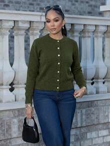 Melissa Matos Cárdigan minimalista y versátil de unicolor para mujer - Verde militar - Ver 4