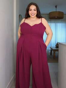 Pretty and Ole Plus Size Women's Elegant Dignified Button Strap Pleated Waist Wide Leg Jumpsuit - Purple - View 5