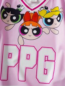 THE POWERPUFF GIRLS X SHEIN 1件装 女童可爱休闲卡通印花V领短袖舒适运动T恤 - 粉色 - 查看 7