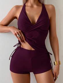 Swim Basics 2pcs/Set Olive Green Twist Cup Criss-Cross Back Ruched Tie Side Women Swimsuit Set - Burgundy - View 4