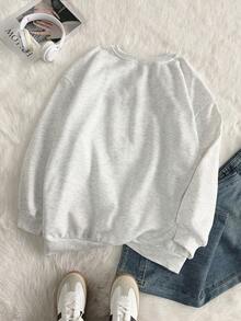 INAWLY Plus Size Women Casual Everyday Commute Simple Versatile Letter Embroidery Thermal Lined Crew Neck Sweatshirt, Autumn/Winter - Light Grey - View 2