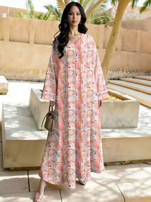 SHEIN Najma 花卉条纹印花V领长袖长款连衣裙，优雅花卉长裙，适合春夏穿着，尽显阿拉伯风情。 - 彩色 - 查看 1