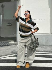 Muchica Plus Size Women Knitted Fashion Turndown Collar Colorful Striped Hollow Out Casual Pullover Sweater, Versatile College Style Top - Multicolor - View 5