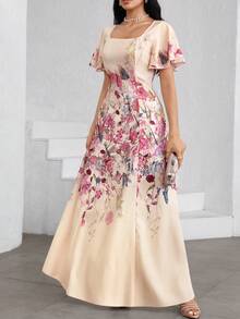 Modelyn Đầm nữ màu mơ dệt họa tiết, dáng chữ A, thắt eo, tay ngắn xòe, thanh lịch, lãng mạn, thích hợp cho mùa xuân/hè. - Màu be - Xem 5