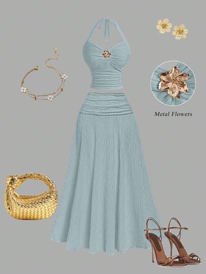 SHEIN MOD 2pcs/Set Women Jacquard Halter Top And Mini Skirt, White Skirt And Top Set,Fall Clothes For Women,Party ,Wedding ,Going Out Outfit,Elegant Women's Set,Chic Women's Set,Women's Country Clothing