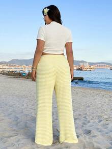 GalTyme Plus Size 2-Piece Set,Cute White Summer Beach Holiday Outfit,Textured Fabric Colorblock Fitted T-Shirt & Loose Yellow Long Knit Top For Women's Wear - Multicolor - View 2