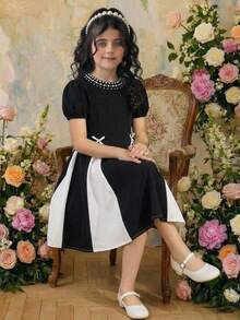 SHEIN Đầm xòe phối màu đen trắng, cổ ngọc trai, tay phồng, phong cách thường ngày thanh lịch cho bé gái tuổi teen, thích hợp đi làm ở thành phố, mùa xuân/hè. - Đen và trắng - Xem 6