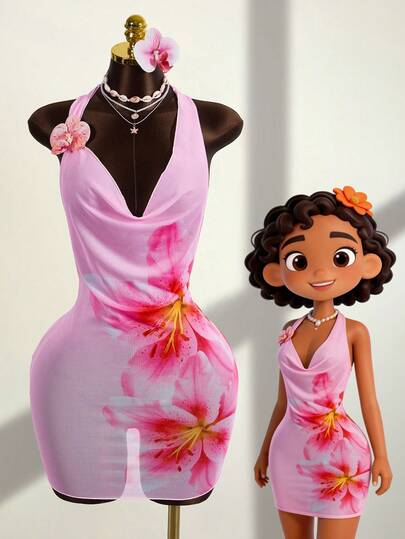 Zestiva Đầm nữ cổ chữ V buộc dây, họa tiết hoa lan hồng điểm xuyết hoa giả, kiểu dáng gợi cảm hở lưng, thích hợp cho kỳ nghỉ biển.