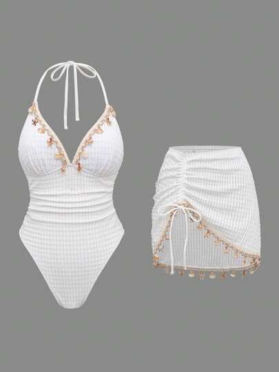 Swim Oasis Women's Solid Color Triangle Bikini Top With Shell Chain Strap, One-Piece Swimsuit With Drawstring Waist Shell Chain Decor Two Pieces Set