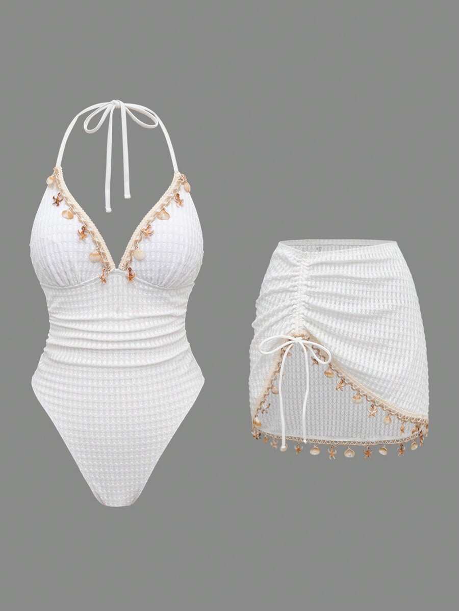 Swim Oasis 女士纯色三角比基尼上衣,贝壳链肩带,连体泳衣,抽绳腰带,贝壳链装饰两件套 - 白色 - 查看 1