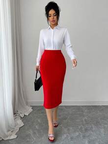 SHEIN Elenzya Women's Elegant Ruched Pencil Skirt, Suitable For Summer - Red - View 5