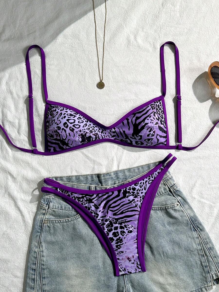 Swim Vcay Random Print Wireless Adjustable Strap Top And Swim Shorts Women Summer Beach Holiday Bikini Set - Purple - View 1