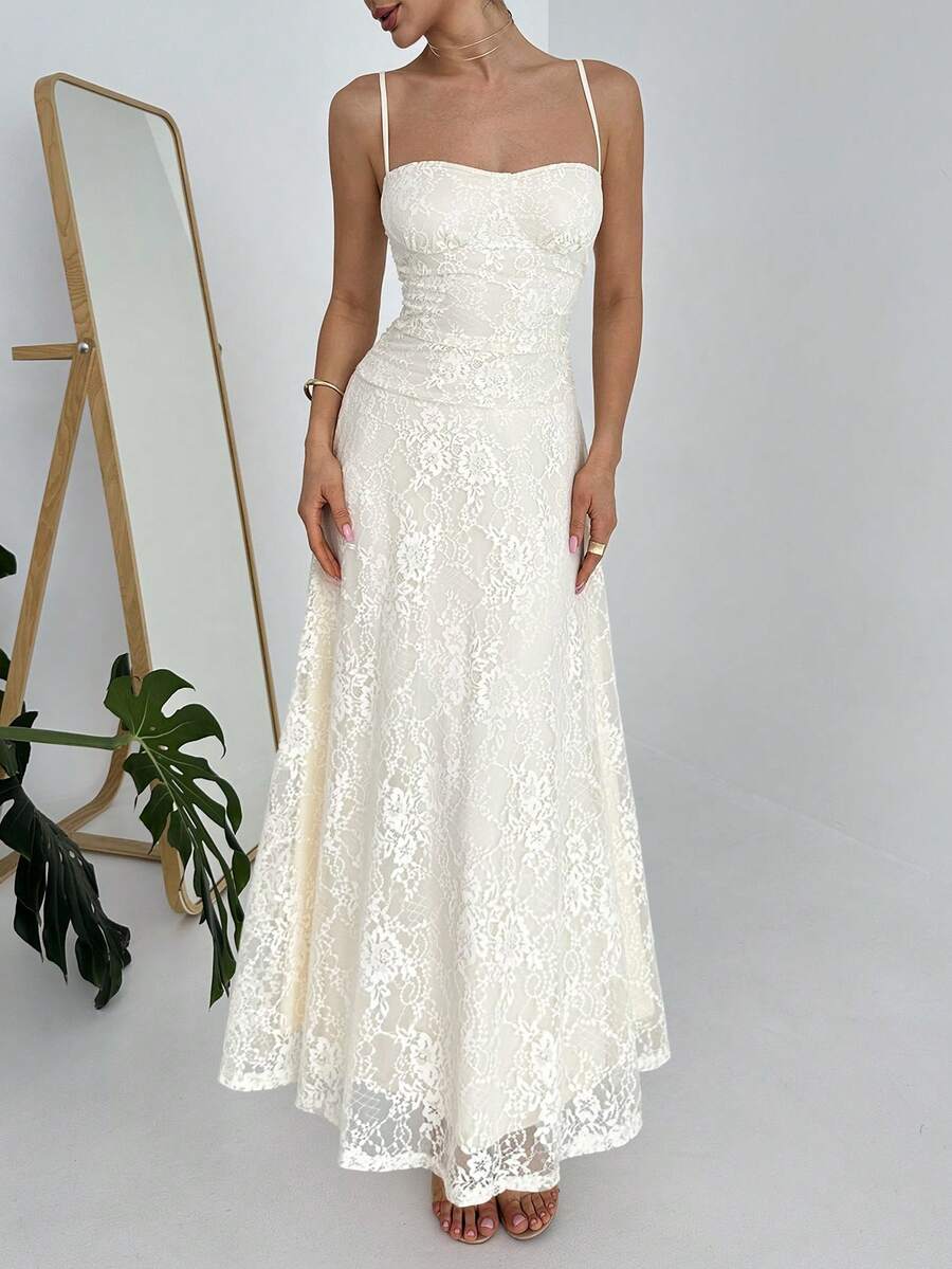 Firerie 女士新款象牙色蕾丝抹胸长裙，浪漫婚礼宾客、伴娘、度假长裙 - 米色 - 查看 1