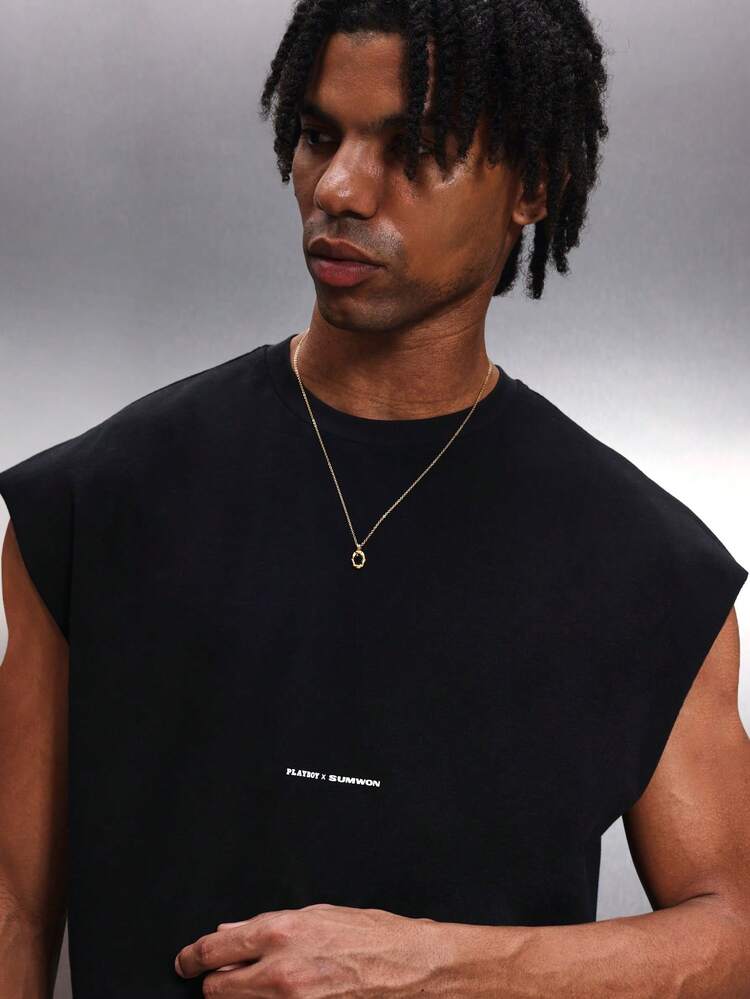 PLAYBOY X SUMWON Herren schwarzes ärmelloses Trägershirt mit großem Grafikaufdruck eines Hasen auf der Rückseite, Rundhals-Muskel-Shirt, Sommer Casual Streetwear