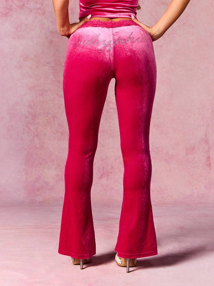 BABYPHAT Damen Samt Schlaghose mit Spitzendetail an der Taille und Strass-Verzierungen, rosa luxuriöse Weite Bein Hose für gemütlichen Komfort