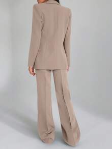EURMUSE Women Solid Color Two Pieces Outfits Sets Blazer Jacket And Pants - Beige - View 2