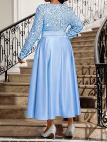 Fleurora 大码蓝色亮片缎面连衣裙，奢华正式礼服，适合派对、鸡尾酒会、婚礼、婚礼宾客等场合 - 藍色 - 查看 3