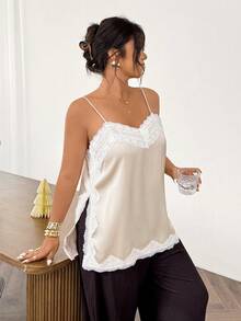 Lounesse 大码女式蕾丝拼接无袖休闲长款吊带背心 - 米色 - 查看 1