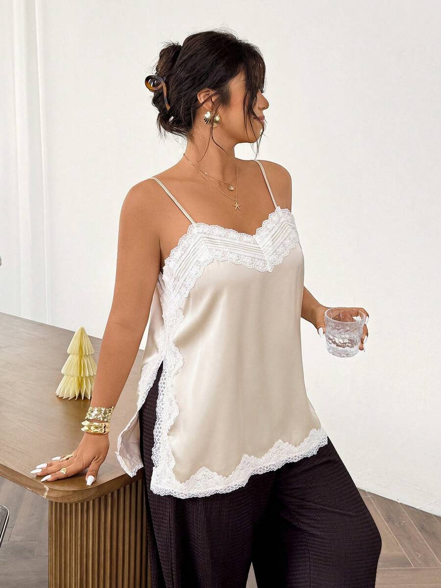 Lounesse 大码女式蕾丝拼接无袖休闲长款吊带背心 - 米色 - 查看 1
