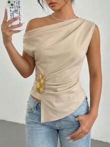 Modelyn Áo tank top nữ màu mơ dệt kim không tay, khóa kim loại, xếp ly, lệch vai, thắt eo, kiểu dáng thanh lịch, thích hợp cho mùa xuân/hè. - Màu be - Xem 3