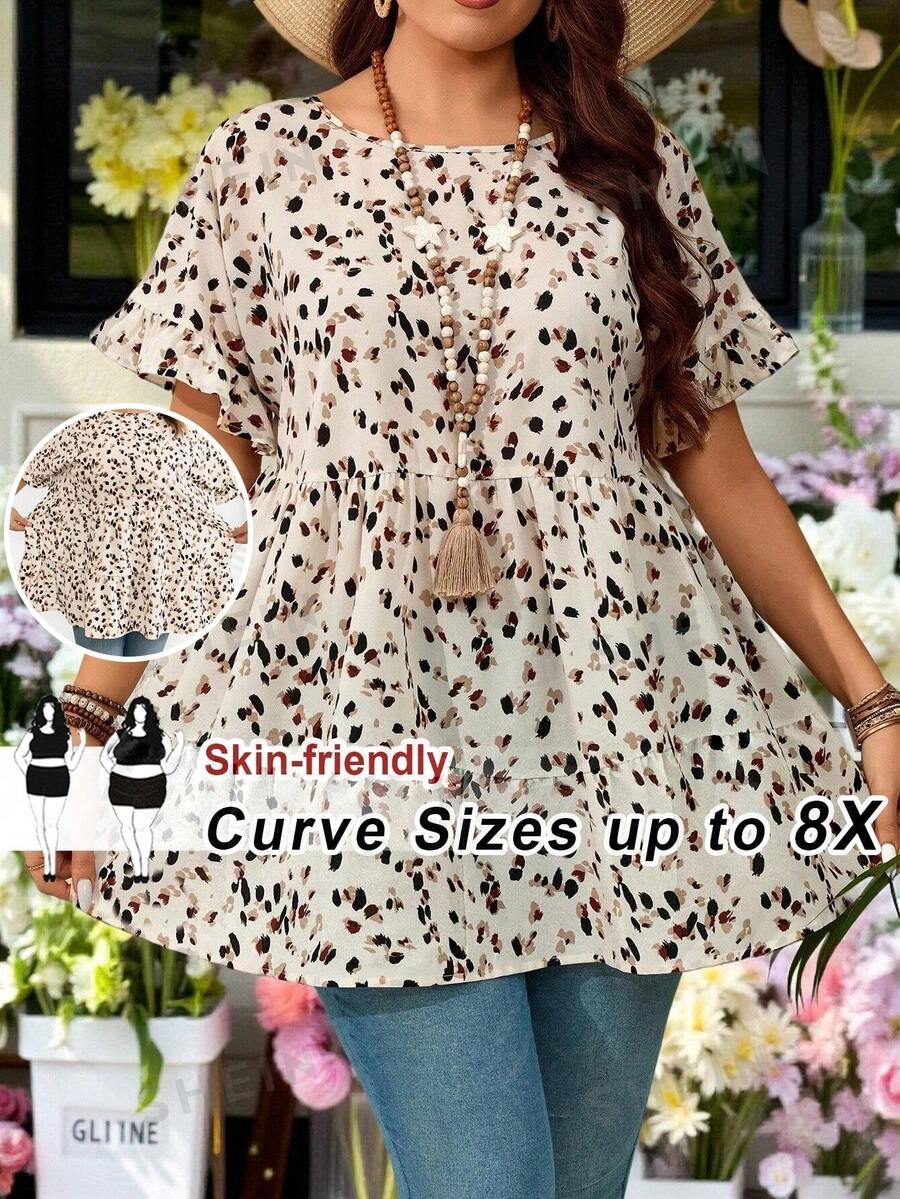 SHEIN CURVE+ 大码女式夏季度假休闲褶皱碎花灯笼袖复古衬衫波西米亚风度假