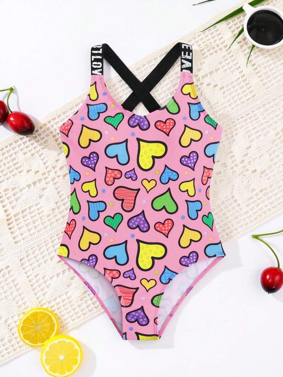 SHEIN 粉色夏季可愛海灘愛心印花 1 件式泳衣,字母緞帶可調節肩帶設計,快乾高彈性泳裝,適合前青春期女孩 - 淺粉色 - 查看 1