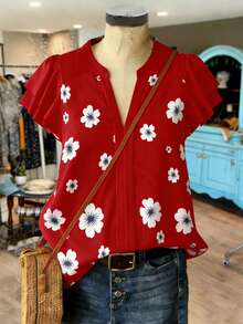 Linhara 花卉印花V领大码亚麻混纺衬衫，荷叶边袖口，优雅百搭，适合通勤、休闲、度假等各种场合，春夏皆宜。 - 紅色 - 查看 3