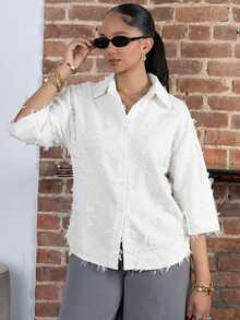 Melissa Matos 3/4 Sleeve Olive Green Shirt, Simple Cut, Loose Fit, Classic Collar, Comfortable To Wear - White - View 6