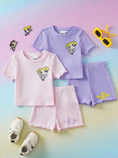 THE POWERPUFF GIRLS X SHEIN 女婴短袖T恤和短裤休闲套装