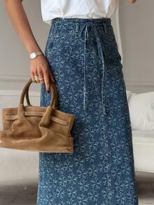 Livesso Spring & Summer Floral Print Cinched Waist Wrap Skirt, Elegant Casual Commuter Denim Skirt With High Slit And Fringe Hem - Dark Wash - View 7
