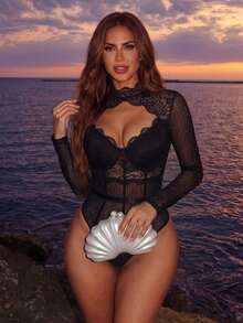 Allurite 女士蕾丝拼接水钻镂空连体衣 - 黑色 - 查看 5