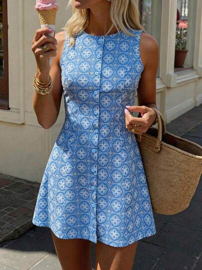 Pariaura 女士优雅休闲系带短袖连衣裙，领口前襟纽扣闭合，蓝白刺绣面料，V领无袖短款连衣裙，春夏休闲度假风