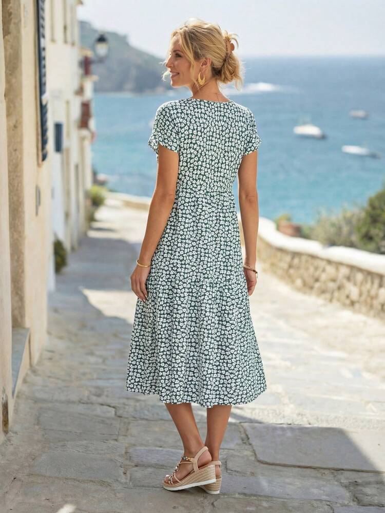 Ditsy Floral Ruffle Hem Summer Dress