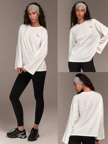 Fluxe T-shirt ample à manches longues et col rond pour femmes, blanc. Parfait pour le port casual, un Top de tous les jours , le sport en salle, l'entraînement ample, les vacances, l'été, le printemps, la Saint-Valentin, les sorties, les vacances, le casual - Blanc - Voir 7