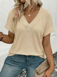 EMERY ROSE Plus Size Women's Fashion Casual Versatile Bestselling Neon Color V-Neck Short Sleeve T-Shirt - Apricot - View 3