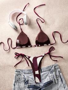 SHEIN Swim Chicsea 26SS 优雅棕色波浪纹比基尼套装，适合海滩度假穿着，春夏款 - 彩色 - 查看 9