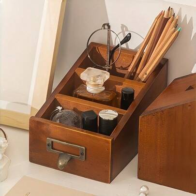 1PC Wooden Desk Organizer Multilayer Step Storage Box Large Capacity Pencil Holder Office Supplies Display Case Desktop Shelves Stationery Organizer Home Decor Room Aesthetic