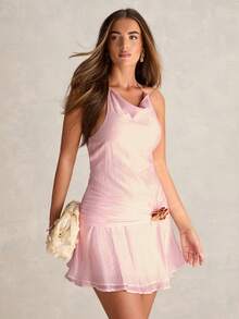 Enchnt Women's Baby Pink Summer Elegant Sexy Seductive Party Night Out Dress, Metal Flower Decor Halter Neck Pleated Mini Beach Dress,SweetElegant - Pink - View 5