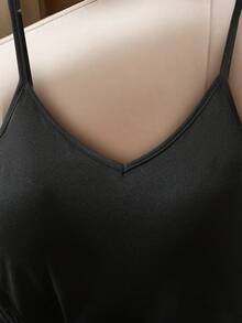 SHEIN 女士纯色金属装饰褶皱优雅吊带裙 - 黑色 - 查看 4