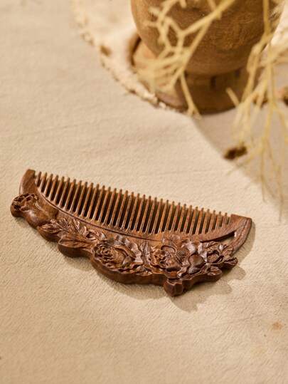 Cirelle Sandalwood Fine Tooth Hair Comb Handmade Natural Wooden Comb Exquisite Rose Pattern Black Gold Sandalwood Bristles Suitable For Normal Hair Anti Static Detangling Hair Care Tool Gentle Scalp Massage Comb Portable Lightweight Daily Grooming Accessory Home Travel Use Stylish Hair Styling Comb Gift For Women Girls Beauty Essential Durable Hairdressing Tool