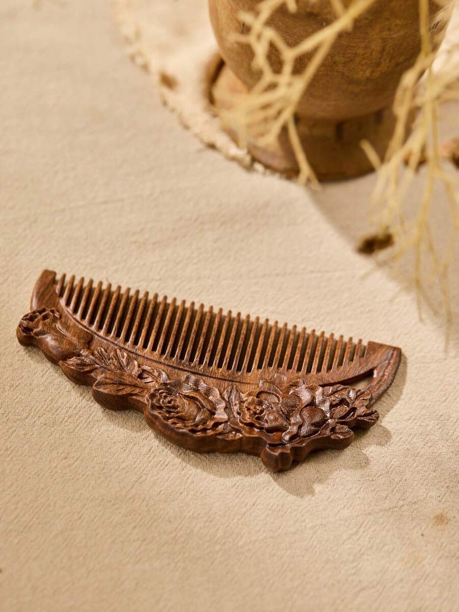 Cirelle Sandalwood Fine Tooth Hair Comb Handmade Natural Wooden Comb Exquisite Rose Pattern Black Gold Sandalwood Bristles Suitable For Normal Hair Anti Static Detangling Hair Care Tool Gentle Scalp Massage Comb Portable Lightweight Daily Grooming Accessory Home Travel Use Stylish Hair Styling Comb Gift For Women Girls Beauty Essential Durable Hairdressing Tool - monochrome - View 1