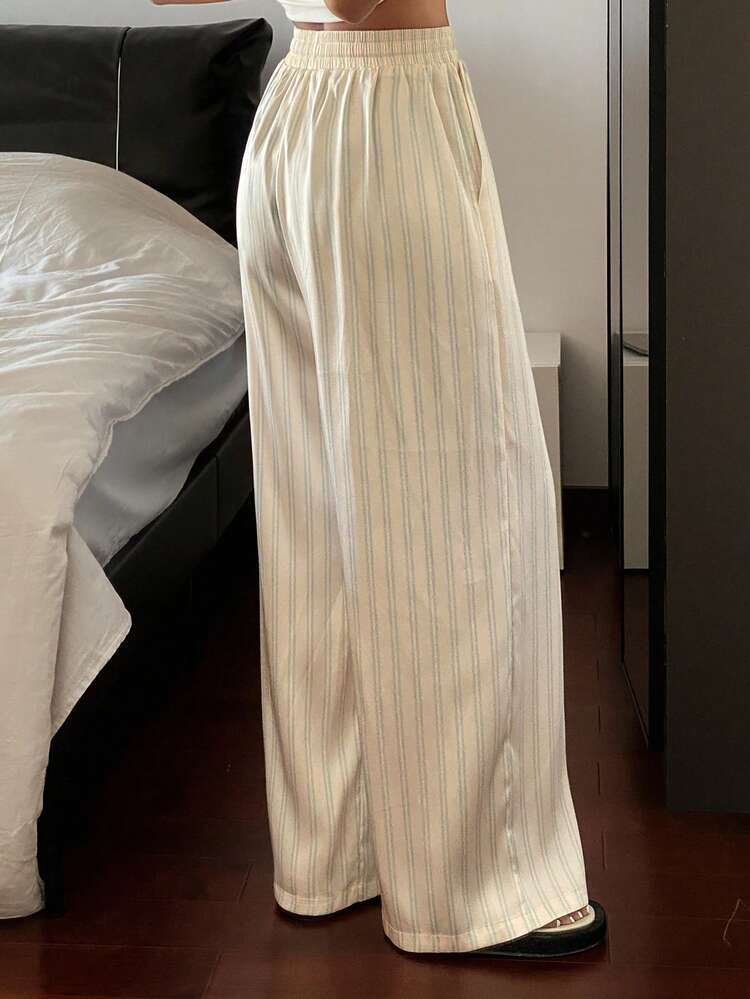 Elegant Satin Striped Pattern Loose Women Pajama Bottoms