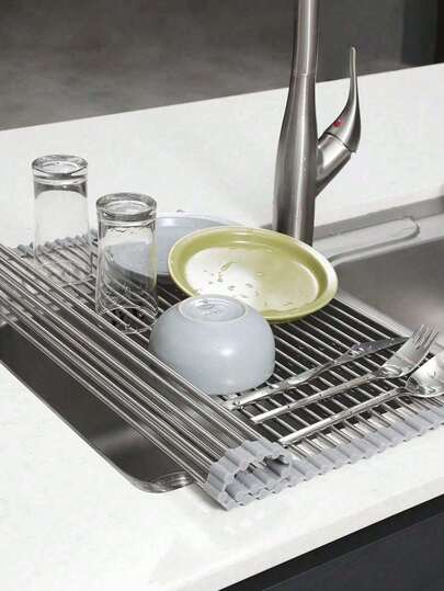 1pc Roll-Up Dish Drying Rack, Portable Dish Drainer Rack For Sink, Stainless Steel Kitchen Roll-Up Dish Rack, Multifunctional Storage Organizer, Foldable Dish Drainer Rack For Kitchen Sink Countertop, Perfect Storage Gift Solution For New Year, Valentine's Day, Spring Festival, Mother's Day, Father's Day, Christmas, Winter 2025