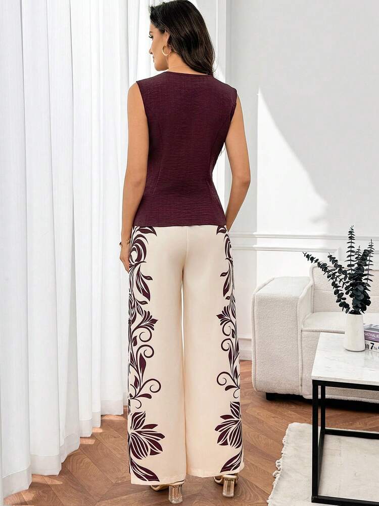 Burgundy Red Sleeveless Peplum Top Floral Print Flower Wide Leg Pants Set Elegant Formal Party Outfit Two Piece Set Red Dress Red Top Floral Dress Flower Print Elegant Dresses For Women Formal Dresses For Women Party Dresses For Women,Summer Set,Graduation Outfit For Mother,Summer Outfits For Women