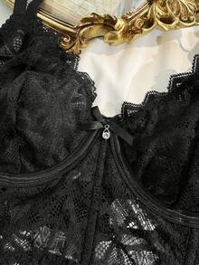 2pcs Lace Contrast Mesh Underwire Bra Set For Women - Black - View 8