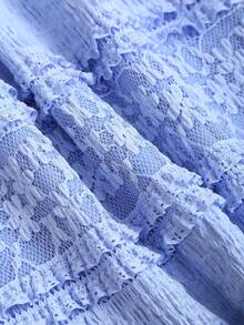 Sweetra Petite Women's Blue Lace Trim V-Neck Backless Waist Fitted Mini Dress, Vacation Style, Spring/Summer - Blue - View 4