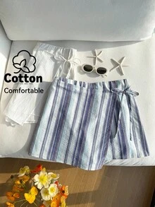 Comfortcana 两件套加大码女式夏季休闲亚麻蝴蝶结条纹裙裤和白色抽绳裹身短裤套装，适合海滩度假 - 彩色 - 查看 10