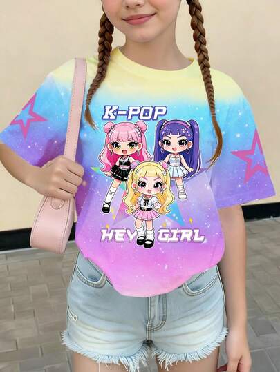 1pc Tween Girl Cute Girl Group Purple Heart Allover Print Loose Fit Top, Suitable For Spring, Summer, Autumn, Winter, Great Gift For Girls, Tops