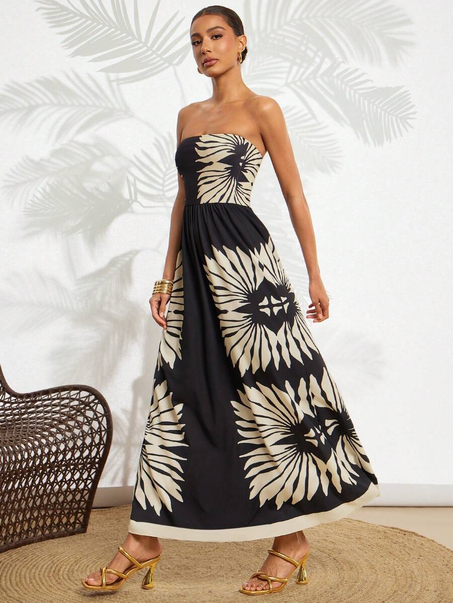 Amorya Women's Black Floral Summer Boho Holiday Vacation Elegant Strapless Maxi Dress,Old Money Waist Cinching A-Line Sundress For Resort Wear - Multicolor - View 1